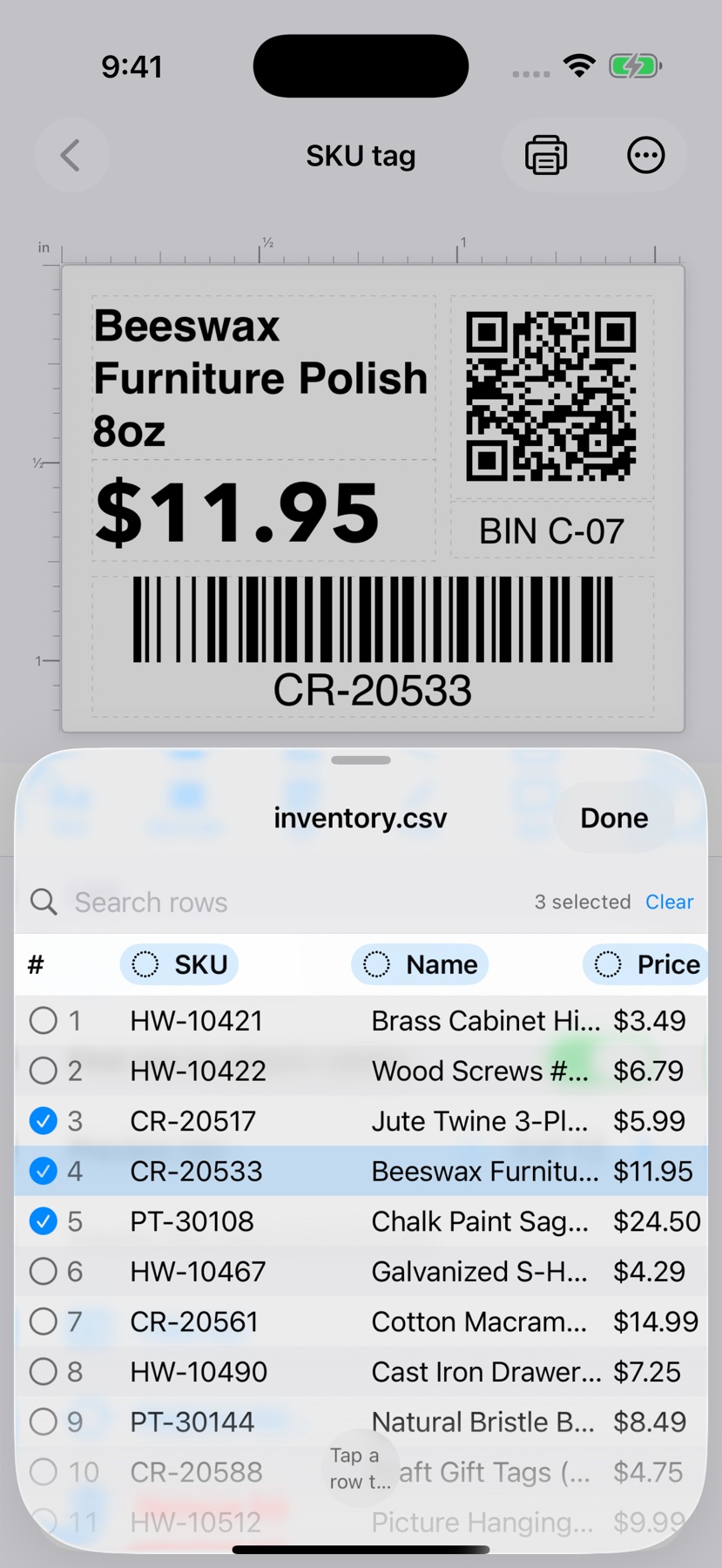 Browse the list, preview a row, tick the ones to print