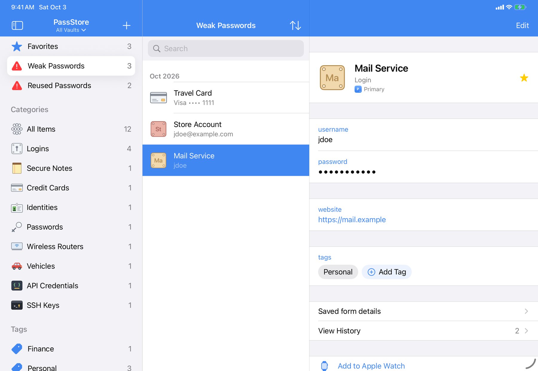 Watchtower's weak-password report on iPad