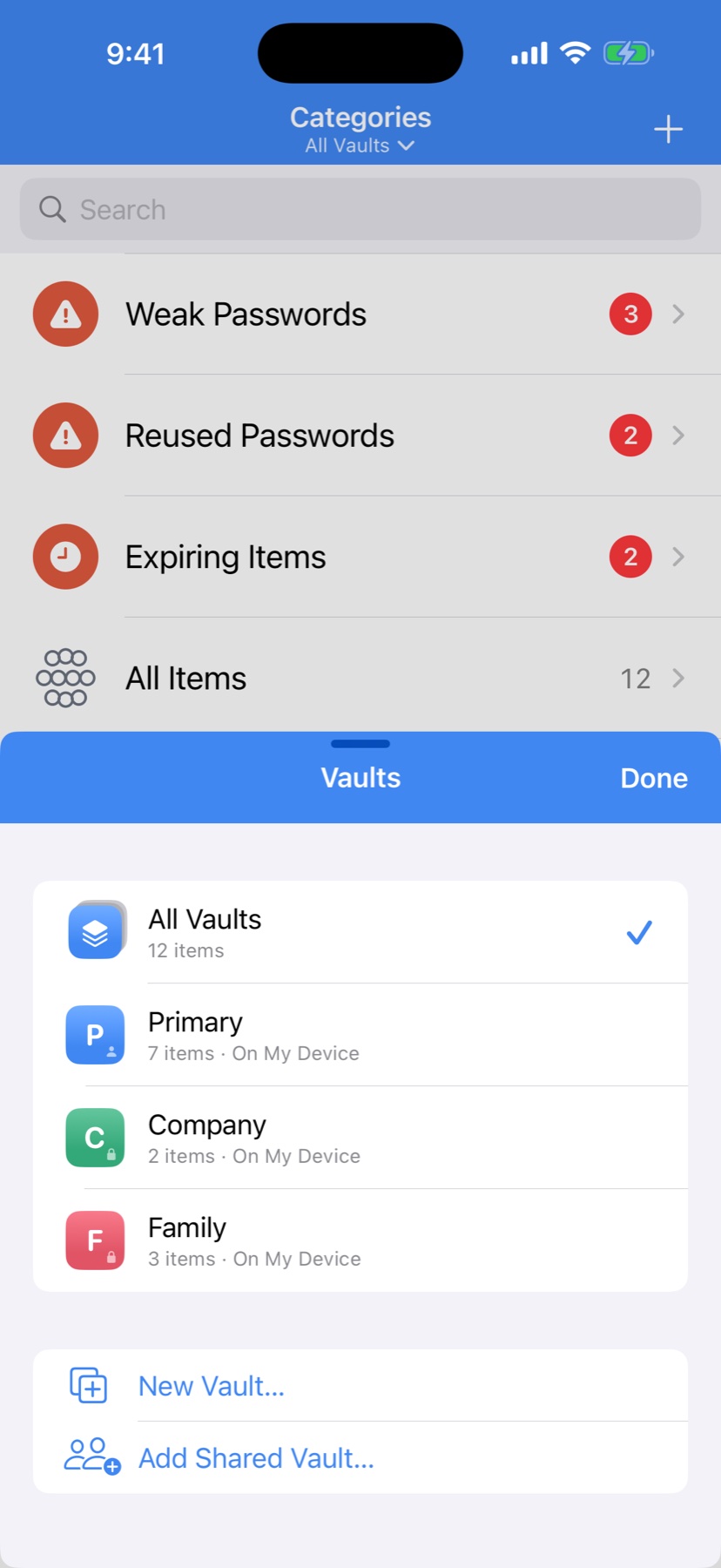 Switch between personal, family and company vaults