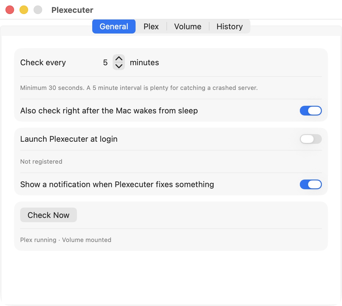 General: check interval, wake checks, notifications, launch at login