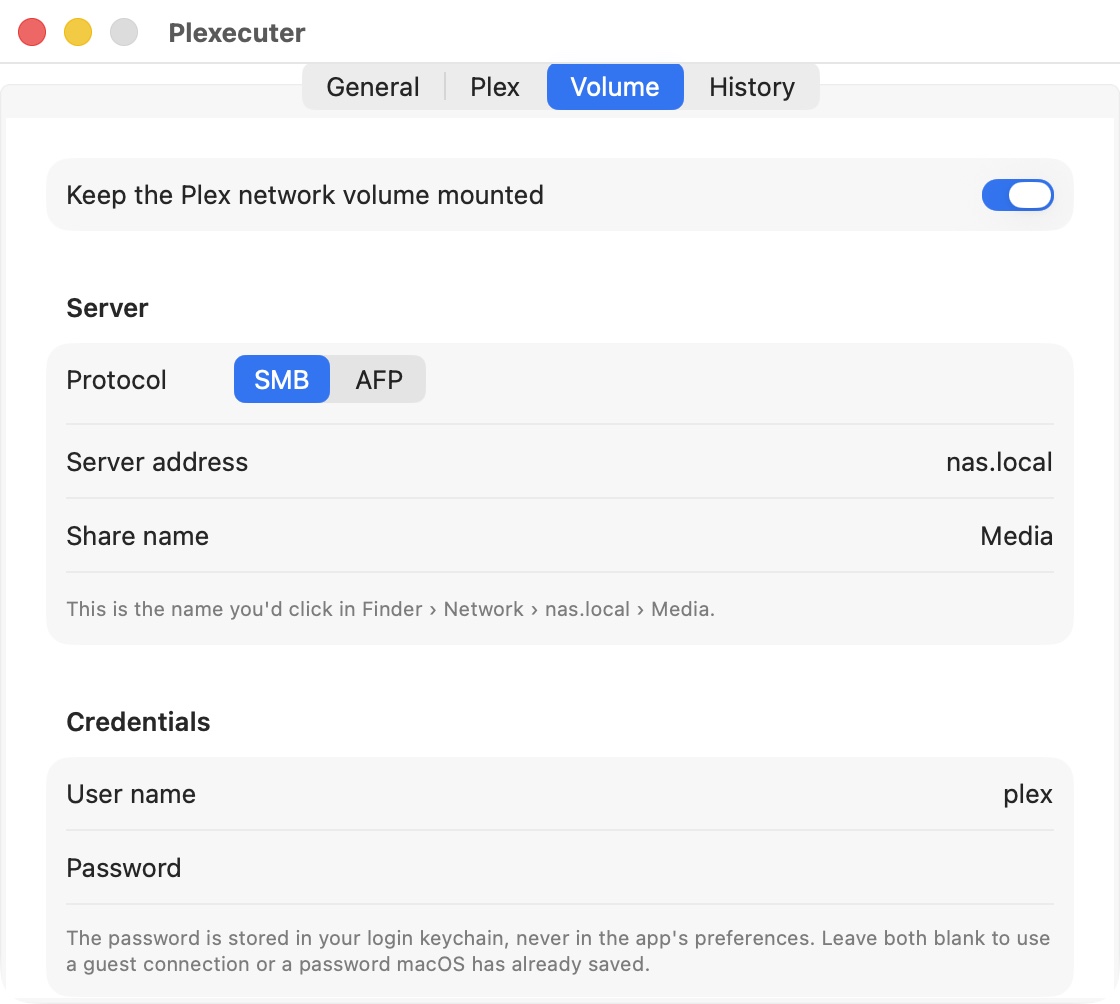 Volume: SMB or AFP share, password kept in the Keychain